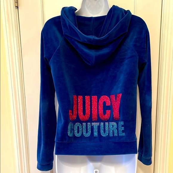 Juicy Couture Zip Hoodie Glitter Logo XL  Vintage Velour Blue Sweatshirt Jacket - Picture 1 of 17